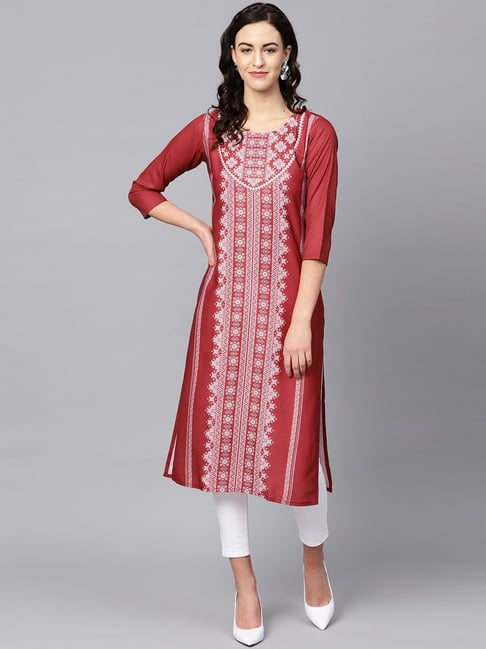 Vaamsi Maroon Printed Straight Kurta