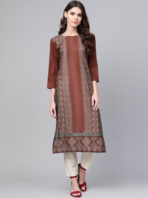 Vaamsi Brown Printed Straight Kurta