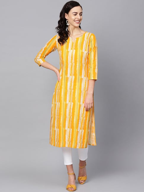 Vaamsi Yellow Cotton Printed Straight Kurta