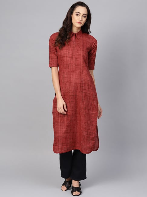 Vaamsi Red Cotton Printed Straight Kurta