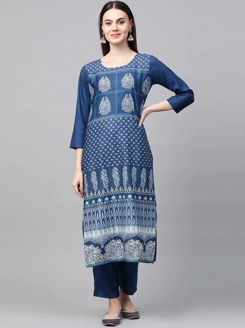 Vaamsi Blue Printed Straight Kurta