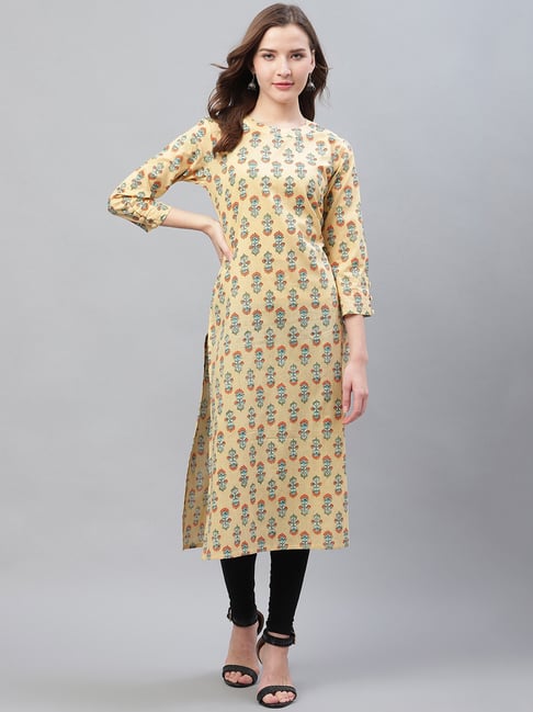 Vaamsi Yellow Cotton Printed Straight Kurta