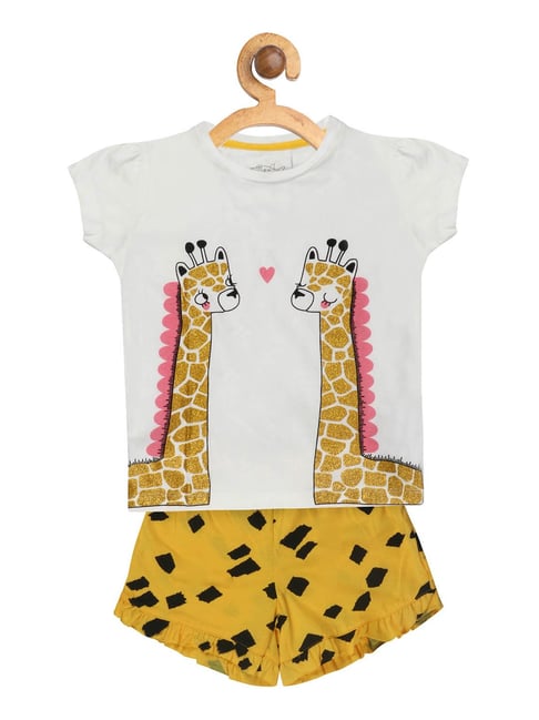 Lazy Shark Kids White & Yellow Printed  Top with  Shorts