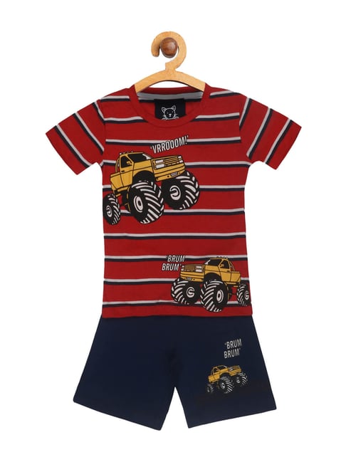 Lazy Shark Kids Red & Navy Striped  T-Shirt with  Shorts