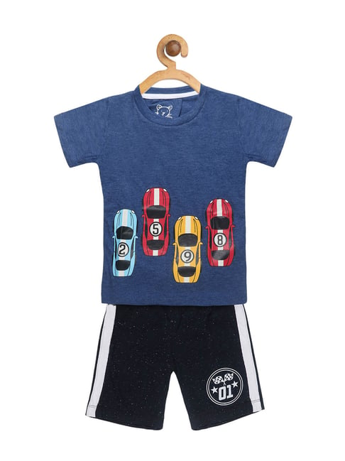 Lazy Shark Kids Navy & Black Printed  T-Shirt with  Shorts