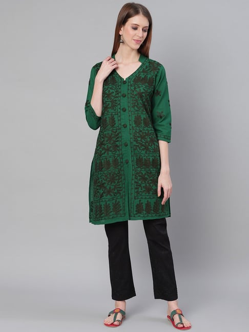 Saadgi Green Chikankari V Neck Kurta Pant Set Price in India