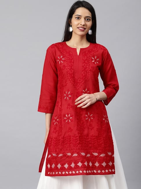 Buy Red & White Front Panel Lucknowi Chikankari Casual Cotton Kurti Online  at Kiko Clothing