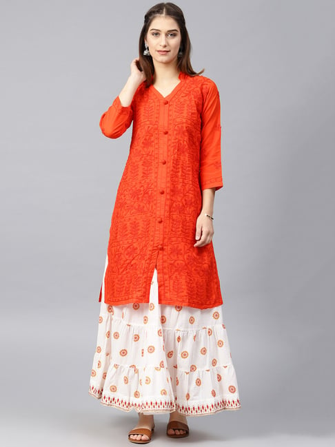 Saadgi Orange Chikankari Embroidered A Line Kurta Price in India