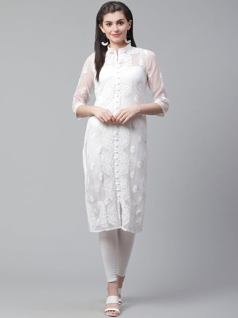 Saadgi White Chikankari Embroidered A Line Kurta Price in India