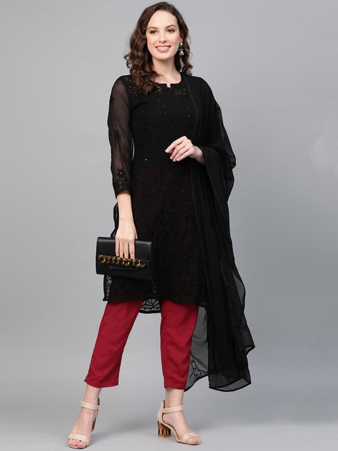 Saadgi Black Embroidered A Line Kurta With Dupatta