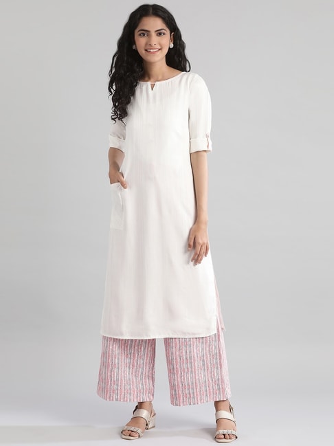 Aurelia Off-White Cotton Striped Straight Kurta Price in India