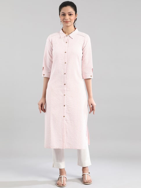 Aurelia Peach & White Cotton Striped Straight Kurta