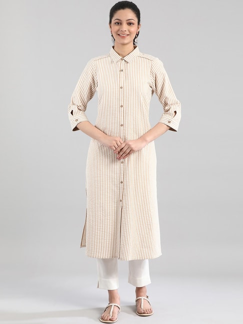 Aurelia Beige & White Cotton Striped Straight Kurta Price in India
