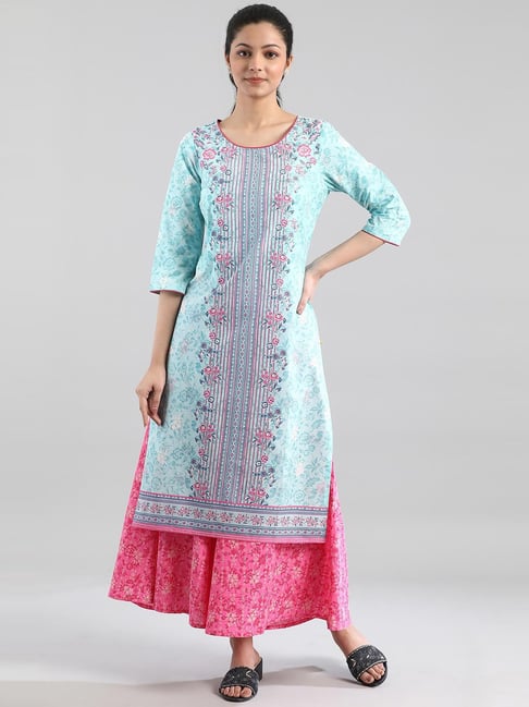 Aurelia Blue Cotton Printed Straight Kurta