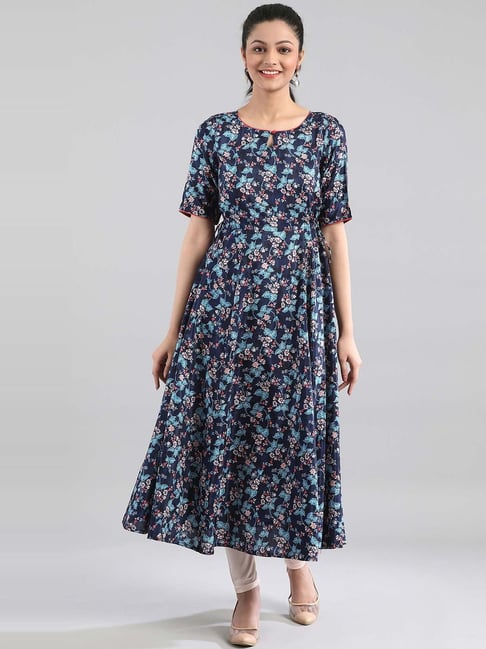 Aurelia Navy Floral Print A Line Kurta Price in India