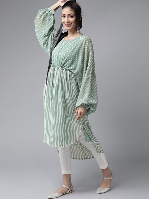 Juniper Sagegreen Polka Dots High Low Kurta Price in India