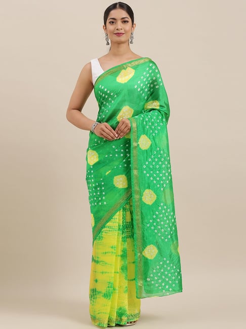 Geroo Jaipur Hand Dyed Green & Yellow Bandhani Kota Silk Sareee Price in India