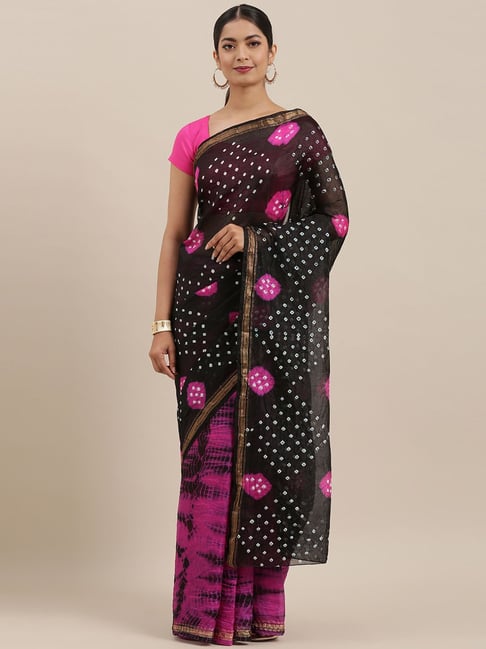 Geroo Jaipur Hand Dyed Pink & Black Bandhani Kota Silk Sareee Price in India