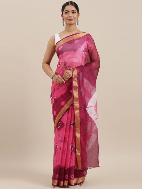 Geroo Jaipur Hand Dyed Pink & Wine  Bandhani Kota Silk Sareee Price in India