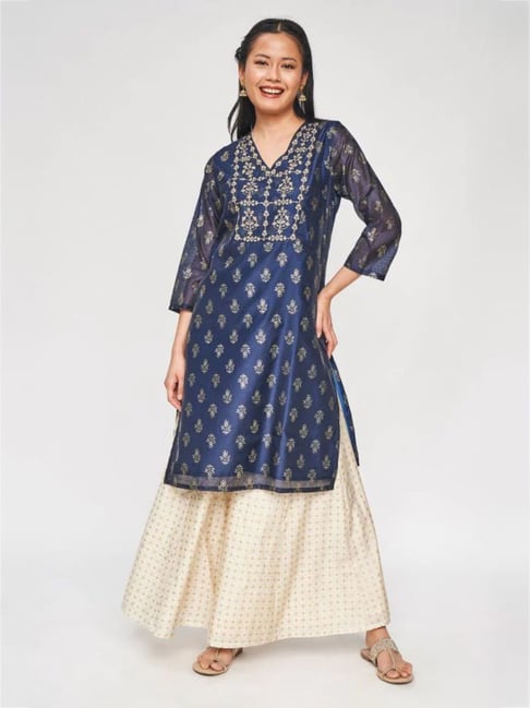 Global Desi Indigo Floral Print Kurta Price in India