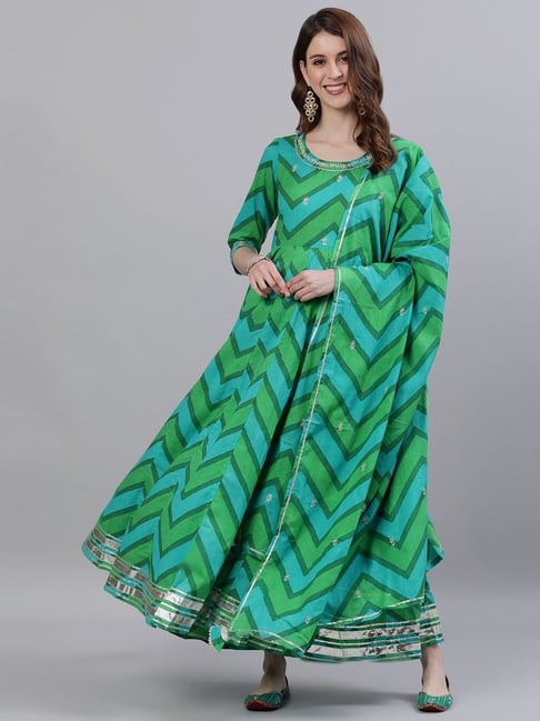 Ishin Green Cotton Embroidered Anarkali Kurta With Dupatta Price in India