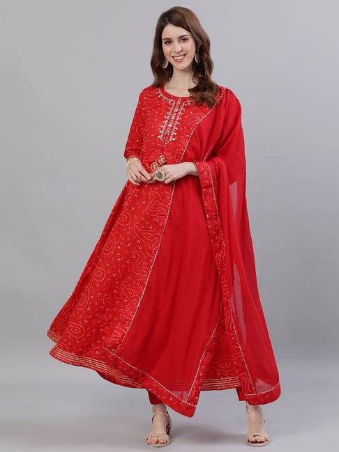 Ishin Red Cotton Embroidered Flared Kurta With Dupatta Price in India