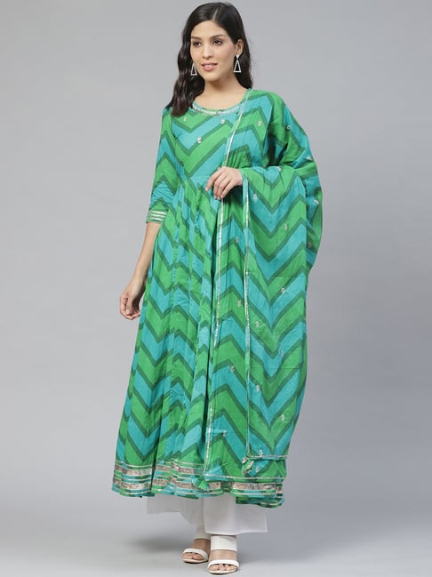 Ishin Green & Blue Cotton Embroidered A Line Kurta With Dupatta Price in India