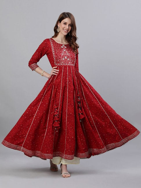 Ishin Red Cotton Embroidered Anarkali Kurta Price in India