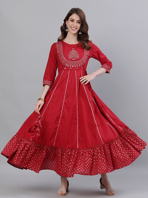 Ishin Red Cotton Embroidered Anarkali Kurta Price in India