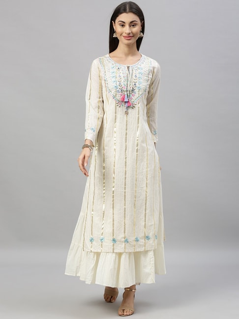 Ishin Off-White Cotton Embellished Straight Kurta Price in India
