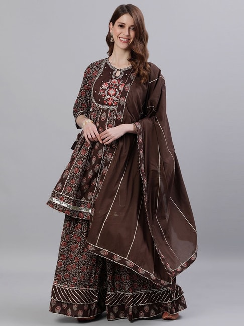 Ishin Brown Cotton Embroidered Kurta Sharara Set With Dupatta Price in India