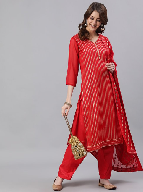 Ishin Red Striped Kurta Salwar Set With Dupatta Price in India
