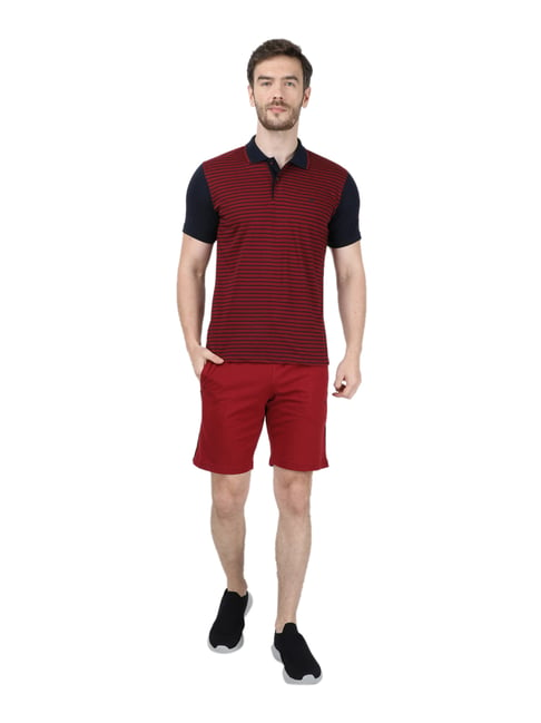 Monte Carlo Red & Navy Cotton Regular Fit Striped Polo T-Shirt with Shorts