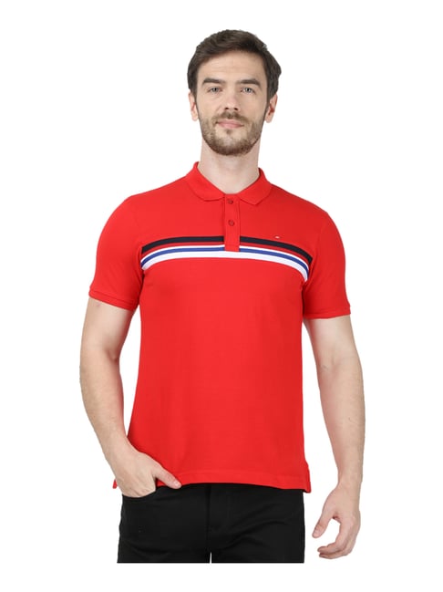 Monte Carlo Red Cotton Slim Fit Striped Polo T-Shirt