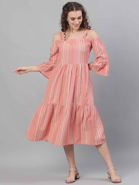 Aks Peach Cotton Striped A-Line Dress Price in India