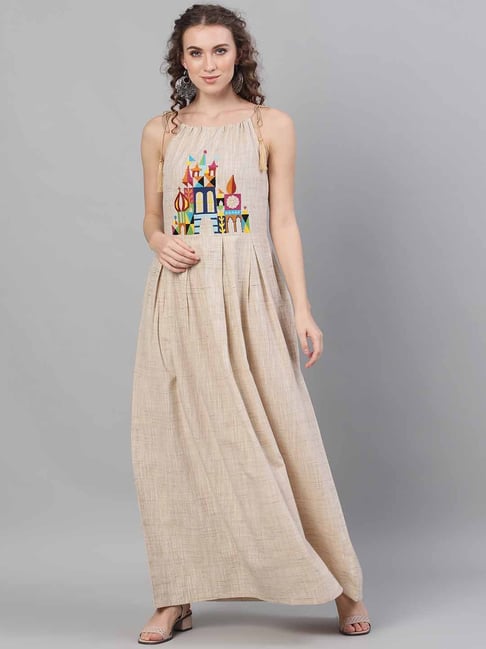 Aks Beige Cotton Embroidered Maxi Dress Price in India