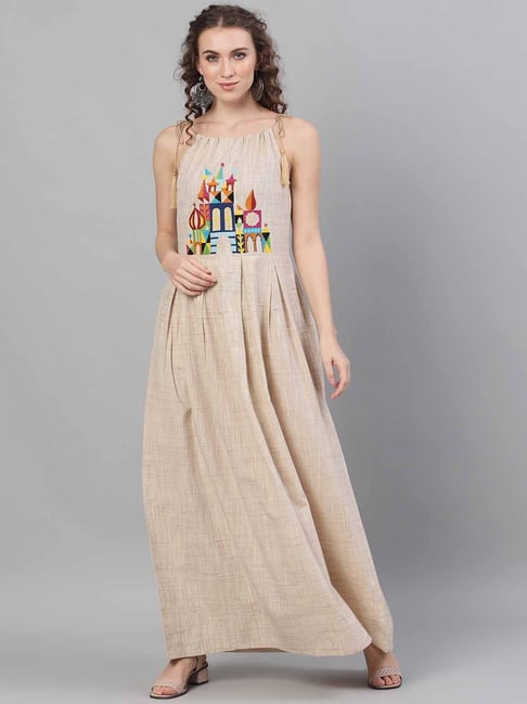 Aks Beige Cotton Embroidered Maxi Dress