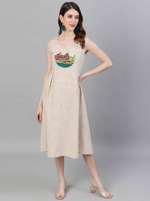 Aks Beige Cotton Embroidered A-Line Dress Price in India