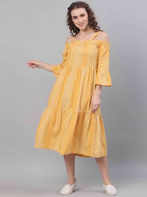Aks Yellow Cotton Striped A-Line Dress Price in India