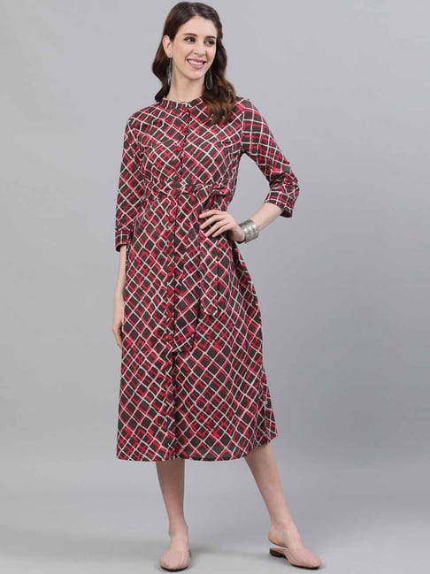 Aks Brown & Pink Cotton Printed A-Line Dress Price in India