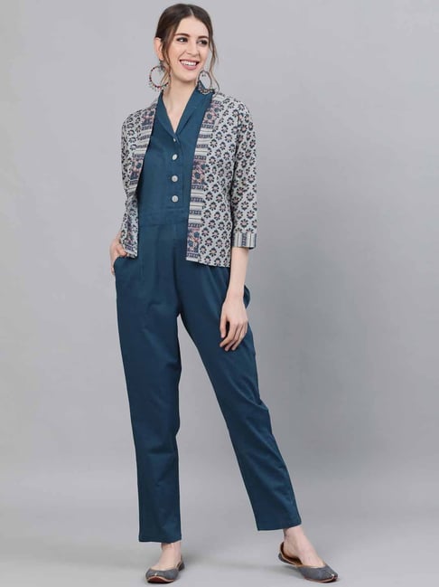 Navy Jumpsuit For Formal Jumpsuit With Blazer Buy Aks Blue Cotton