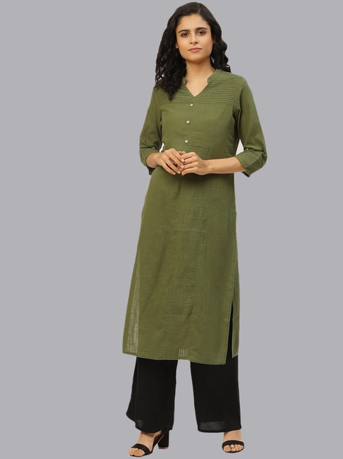 Buy SATRAT Womens Knee Length Cotton Chinese Collar Kurti Neon  GreenL42 at Amazonin