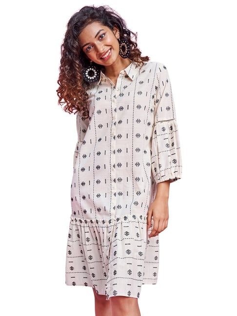 Global Desi Off White Embroidered Shirt Dress Price in India