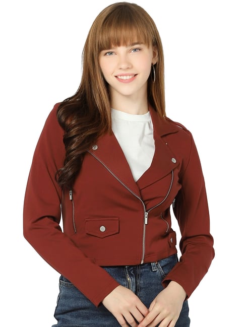 Buy Only Fired Brick Regular Fit Biker Jacket for Women Online