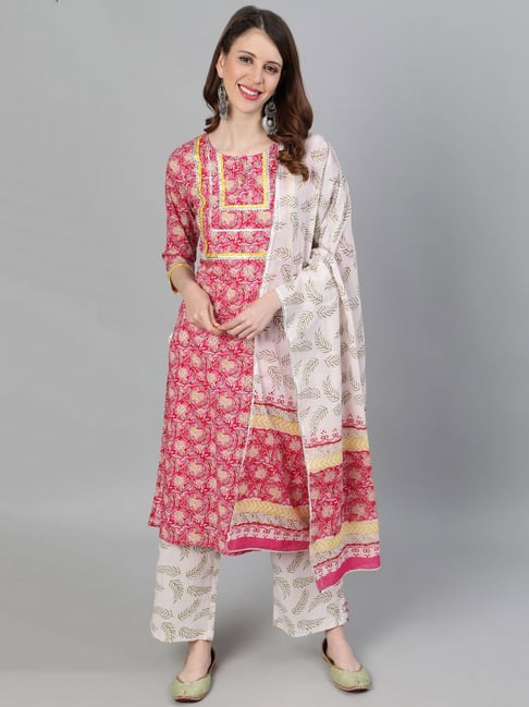 Jaipur Kurti Pink Printed Kurta With Pant & Dupatta Price in India