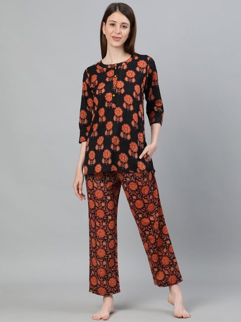 Buy Jaipur Kurti Black Printed Short Kurta With Pyjamas for