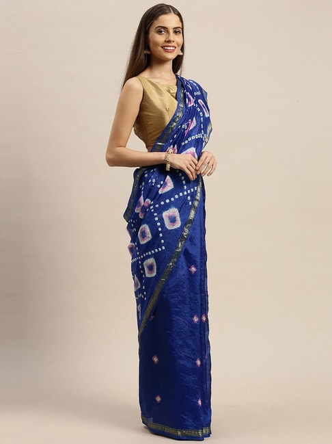 Geroo Jaipur Blue Printed Saree With Unstitched Blouse Price in India