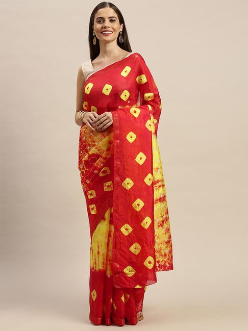 Geroo Jaipur Hand Dyed Red & Yellow Bandhani Silk Saree Price in India