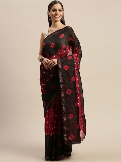 Geroo Jaipur Hand Dyed Black & Red Bandhani Silk Saree Price in India