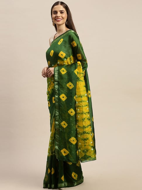 Geroo Jaipur Hand Dyed Green & Yellow Bandhani Silk Saree Price in India